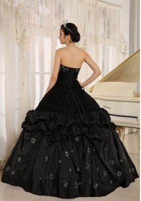 Black Appliques Taffeta Strapless Quinceanera Dress Ruched