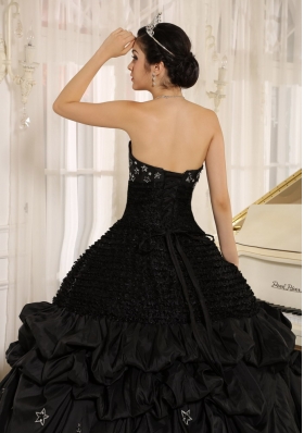 Black Appliques Taffeta Strapless Quinceanera Dress Ruched