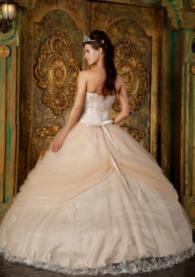 Champagne Strapless Floral Appliques Tulle Quinceanera Gowns