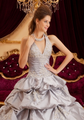 Halter Grey Layered Taffeta Sweet 15 Quinceanera Dress