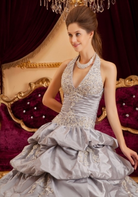 Halter Grey Layered Taffeta Sweet 15 Quinceanera Dress