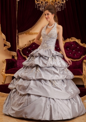 Halter Grey Layered Taffeta Sweet 15 Quinceanera Dress