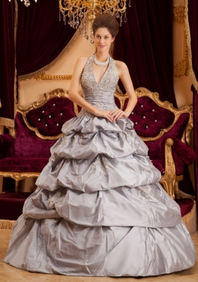 Halter Grey Layered Taffeta Sweet 15 Quinceanera Dress