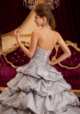 Halter Grey Layered Taffeta Sweet 15 Quinceanera Dress