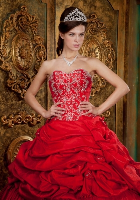 Red Ball Taffeta Beading Appliques Quinceanera Gown Dress