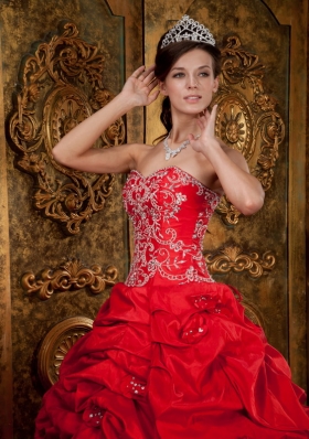 Red Ball Taffeta Beading Appliques Quinceanera Gown Dress