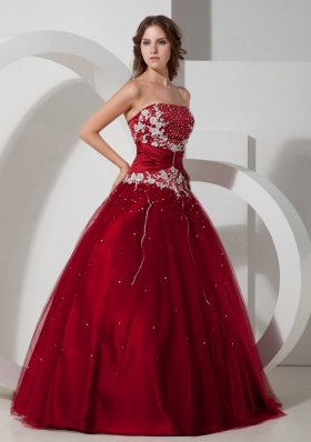 Wine Red Strapless Tulle Appliques 15 Quinceanera Dress