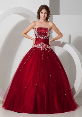 Wine Red Strapless Tulle Appliques 15 Quinceanera Dress