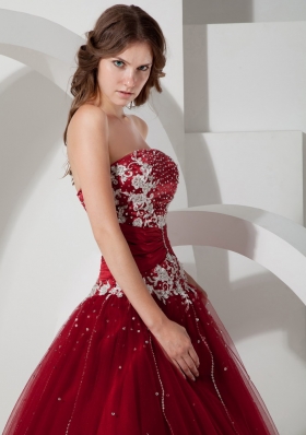 Wine Red Strapless Tulle Appliques 15 Quinceanera Dress