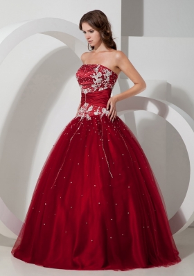 Wine Red Strapless Tulle Appliques 15 Quinceanera Dress