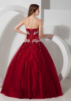 Wine Red Strapless Tulle Appliques 15 Quinceanera Dress