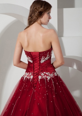 Wine Red Strapless Tulle Appliques 15 Quinceanera Dress