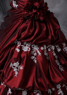 Appliques Burgundy Strapless Ruched Taffeta Quinceanera Dress