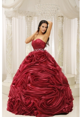 Rolling Flowers Burgundy A-line Sweetheart Quinceanera Dress