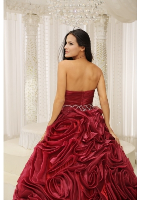 Rolling Flowers Burgundy A-line Sweetheart Quinceanera Dress