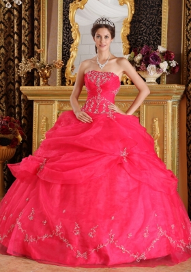 Pick Ups Coral Red Strapless Organza Appliques Quinceanera Dress