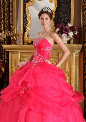 Pick Ups Coral Red Strapless Organza Appliques Quinceanera Dress