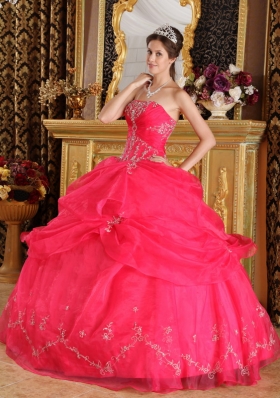 Pick Ups Coral Red Strapless Organza Appliques Quinceanera Dress