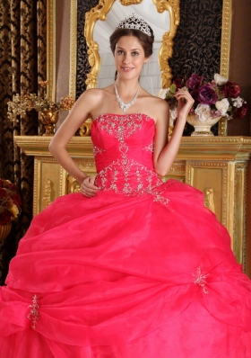 Pick Ups Coral Red Strapless Organza Appliques Quinceanera Dress