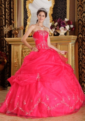 Pick Ups Coral Red Strapless Organza Appliques Quinceanera Dress