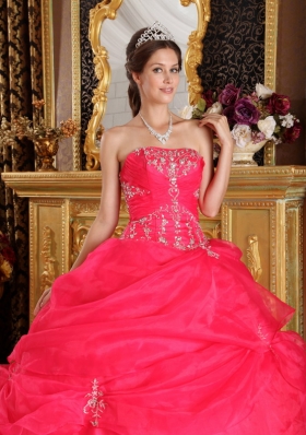 Pick Ups Coral Red Strapless Organza Appliques Quinceanera Dress