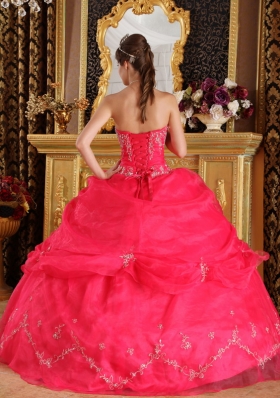 Pick Ups Coral Red Strapless Organza Appliques Quinceanera Dress