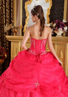 Pick Ups Coral Red Strapless Organza Appliques Quinceanera Dress