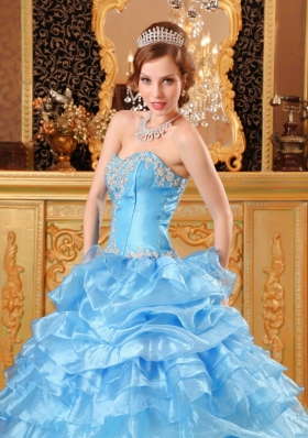 Aqua Blue Sweet 15 Quinceanera Dress Organza Ruffled