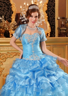 Aqua Blue Sweet 15 Quinceanera Dress Organza Ruffled