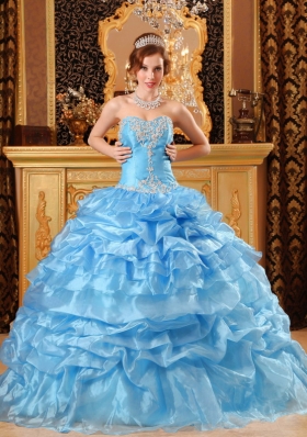 Aqua Blue Sweet 15 Quinceanera Dress Organza Ruffled