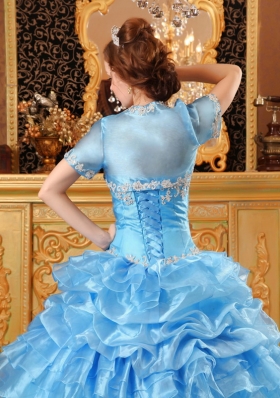 Aqua Blue Sweet 15 Quinceanera Dress Organza Ruffled