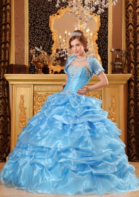 Aqua Blue Sweet 15 Quinceanera Dress Organza Ruffled