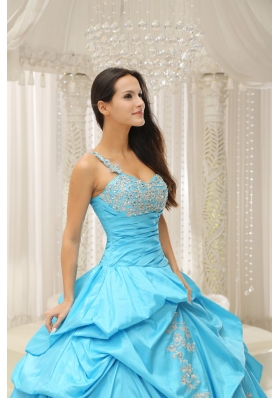 Aqua One Shoulder Appliques Quinceanera Dress Pick Ups