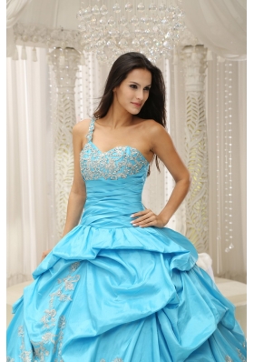 Aqua One Shoulder Appliques Quinceanera Dress Pick Ups