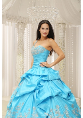 Aqua One Shoulder Appliques Quinceanera Dress Pick Ups