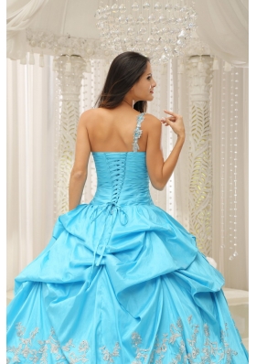 Aqua One Shoulder Appliques Quinceanera Dress Pick Ups