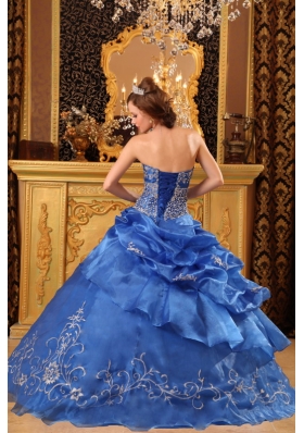 Appliques Blue Strapless Organza Beading Quinceanera Dress