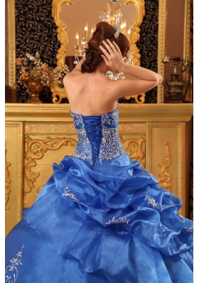 Appliques Blue Strapless Organza Beading Quinceanera Dress