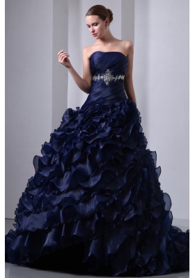 Navy Blue Ruffles Brush Train Beading Quinceanea Dress