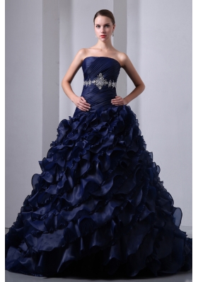 Navy Blue Ruffles Brush Train Beading Quinceanea Dress