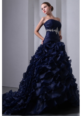 Navy Blue Ruffles Brush Train Beading Quinceanea Dress