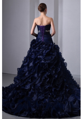 Navy Blue Ruffles Brush Train Beading Quinceanea Dress