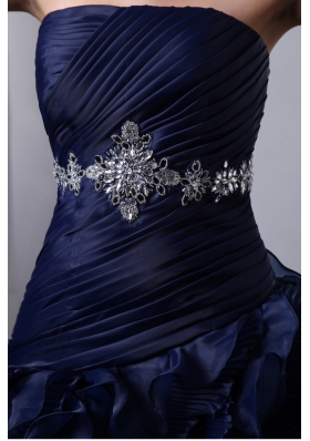 Navy Blue Ruffles Brush Train Beading Quinceanea Dress