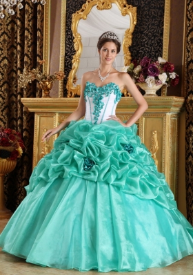 Turquoise 15 Quinceanera Dress Organza Handmade Flowers