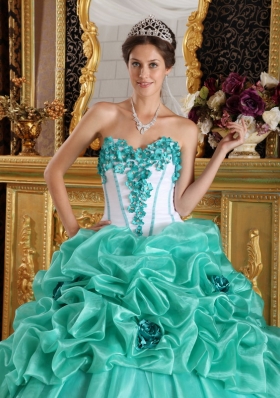 Turquoise 15 Quinceanera Dress Organza Handmade Flowers