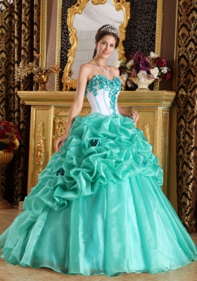 Turquoise 15 Quinceanera Dress Organza Handmade Flowers