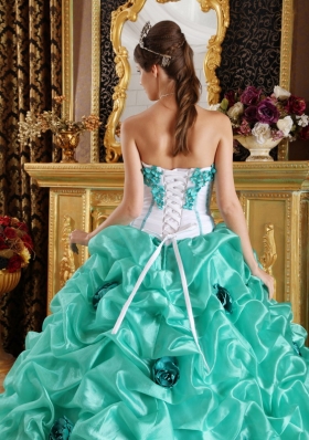 Turquoise 15 Quinceanera Dress Organza Handmade Flowers