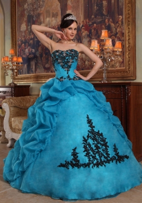 Teal Pick-ups Quinceanera Dress Organza Beading Strapless