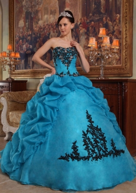 Teal Pick-ups Quinceanera Dress Organza Beading Strapless