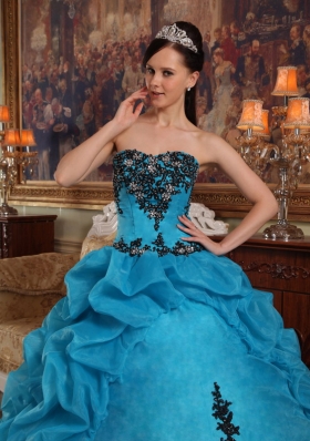 Teal Pick-ups Quinceanera Dress Organza Beading Strapless